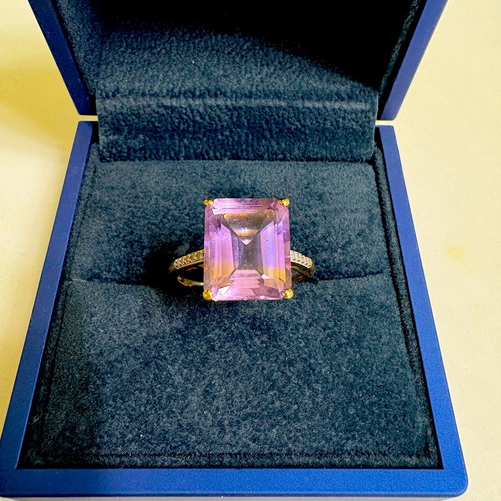 Genuine Emerald Cut Ametrine and 1/20 ct Diamond Ring in 10k gold size 8